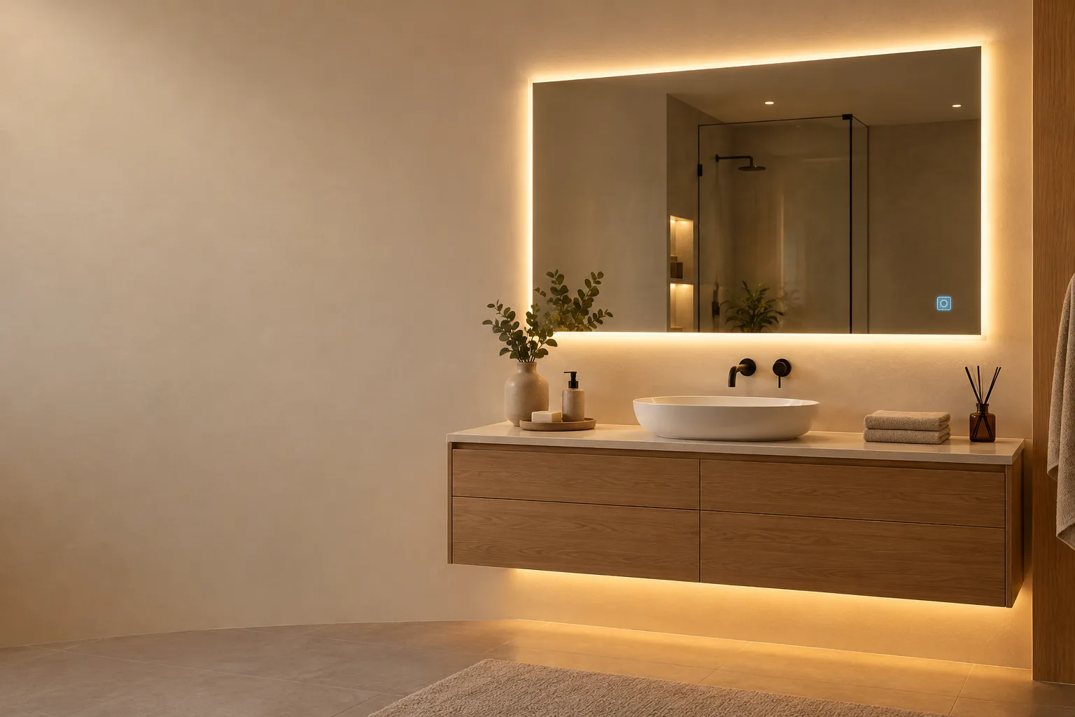 Bathroom vanity with a backlit LED mirror and under-vanity LED strip (illustration)